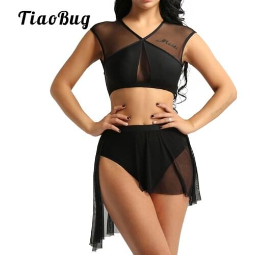 TiaoBug Women Asymmetrical Ballet Tutu Dance Wear Female Splice Crop Top with Ballerina Skirt Contemporary Lyrical Dance Costume