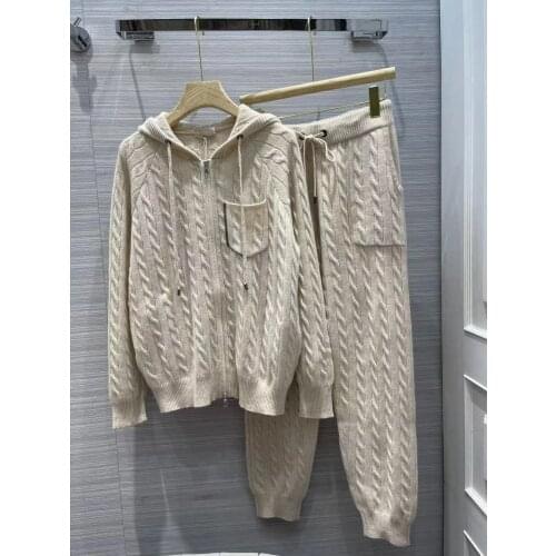 Autumn Winter Cashmere Knitted 2 Pieces Set Women Hooded Cardigan Sweater + Waist Elastic Long Pants 2021 Sweater Set Female