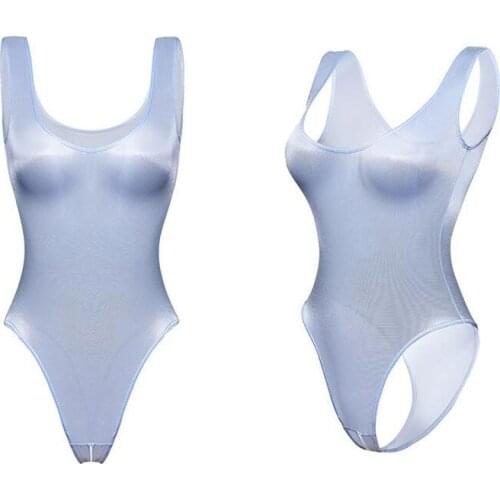 Women Sexy Lingerie See Through Glossy Oil Shiny Open Crotch Teddy High Cut Bodysuit Jumpsuit Teddies Thongs Erotic Underwear