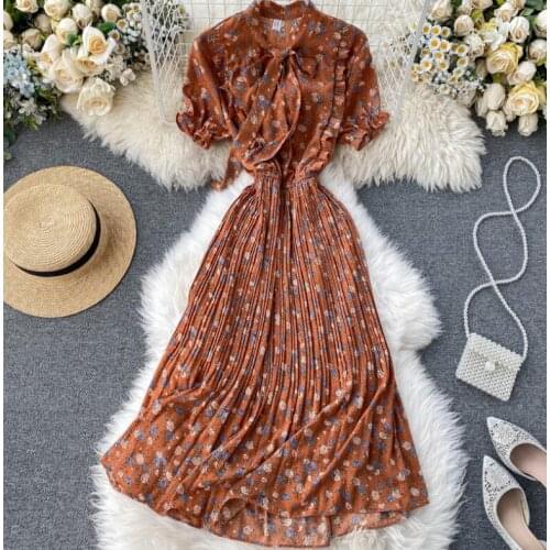 Spring summer womens short sleeve bow collar dress female medium long chic chiffon dress TB218