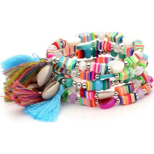 Boho Heishi Beads Love Heart Cowrie Seashell Long Tassels Stretch Bracelets Women Men Polymer Clay Sparkling Crystal Mix Jewelry