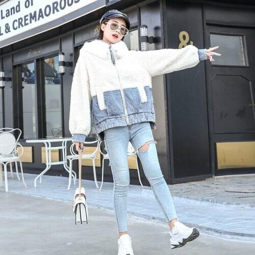 Plush Denim Jacket Women Warm Hooded Plus Velvet Thick Fur Collar Winter Coat 2021 Fashion Splice Faux Lambswool Jean Jackets