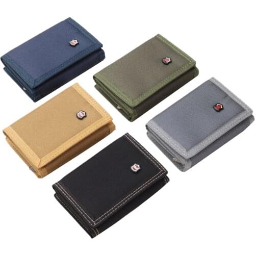 Men 3-fold Coin Purse, Solid Color Canvas Wallet with Velcro Fashion Card Pack