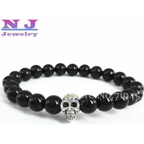 Wholesale 10pcs A Grade Natural Black Stone Beads Antique Skull Elastic Bracelets New Brand Mens Beaded Jewelry