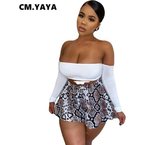 CM.YAYA Women Set Off Shoulder Full Sleeve Slash Neck Crop Tops Mini A-line Skirts Two 2 Piece Sets Sexy Fashion Outfit Summer