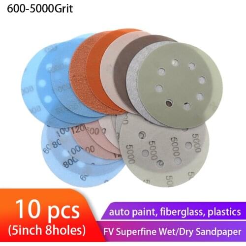 10PCS 5 Inch 8 Holes FV Superfine Sandpaper Wet/Dry Sanding Discs Hook Loop Auto Body Film Paint Abrasive Sand paper 600#-5000