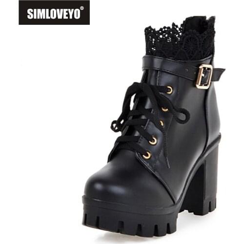 SIMLOVEYO 2021 Ladies Ankle Boots Stweet Platforms Cosplay Zip Patchwork Belt Buckle Lace Up 9.5CM Block Heel Black White A4464
