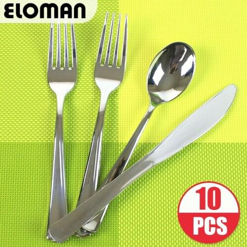 ELOMAN 10PCS Heavyweight Sliver wedding Disposable Plastic tableware ,For Baby Showers Birthdays BBQs plastic forks spoons knife