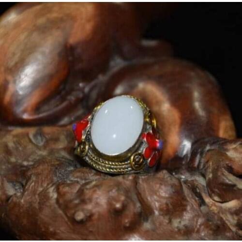 China copper mosaic white jade cloisonne ring