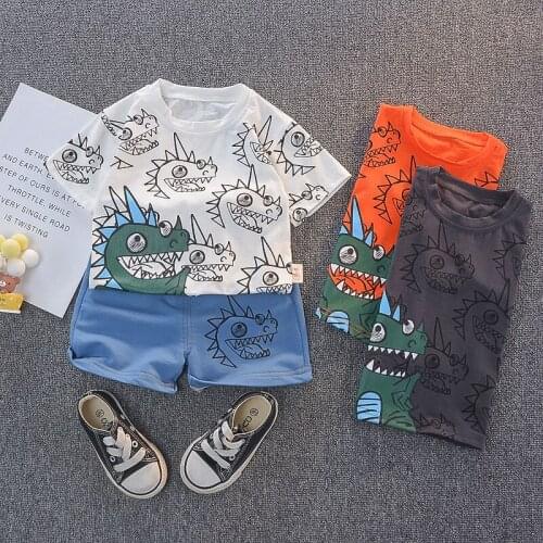 Summer Cartoon Dinosaur Print Baby Boys Clothes Casual O-neck Childrens Clothing T-Shirt+Shorts Family Clothing Sets Kids 1-4 Y