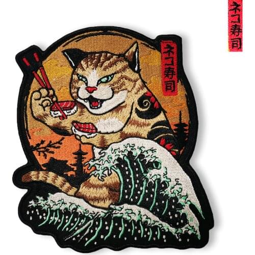 Cute Cat Eating Sushi Embroidery Patches Iron on Patches for Clothes Jacket Applique High Quality Beach Japan Culture Style DIY
