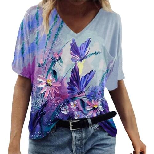 Fashion Womens Summer Printed Tshirt Short Sleeve Casual Loose V-neck T-shirt Casual Tee Tops Camiseta Mujer Verano #PY