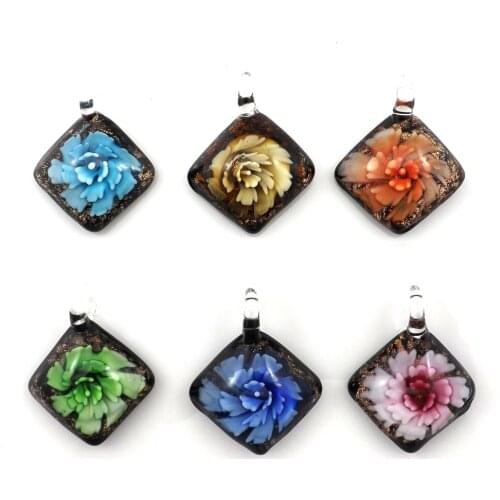 Fashion Rhombus Black Background 3D Flower Designed All Glass Work Pendant For DIY Jewelry 12pcs Wholesale