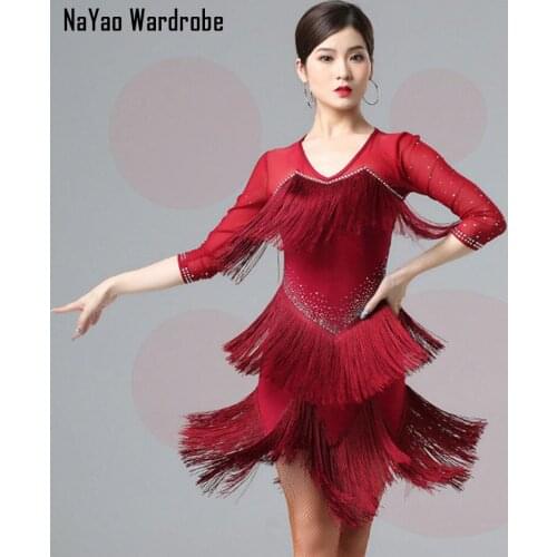 2020 New 7011 Half Sleeve V Neck Tassel Latin Dance Dress Women Dancing Performance Dress for Ballroom Samba Tango