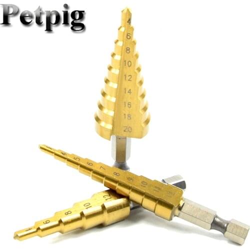 Petpig 3pcs Power Tools Titanium Coated Step Drill Bit Metal 3-12mm/4-12mm/4-20mm Cone Cut High Speed Steel Drill Wood Drilling