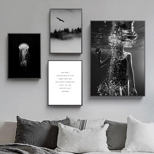 Landscape Canvas Painting Posters Forest Eagle Black White Scenery Nature Jellyfish Quotes Nordic Wall Art Home Room Decor