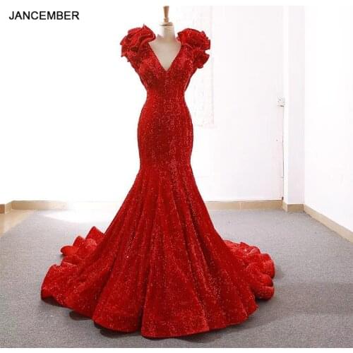 RSM66736 red mermaid wedding party dress long deep v-neck flowers cap sleeves bride dress lace up back trumpet robe soiree 2020