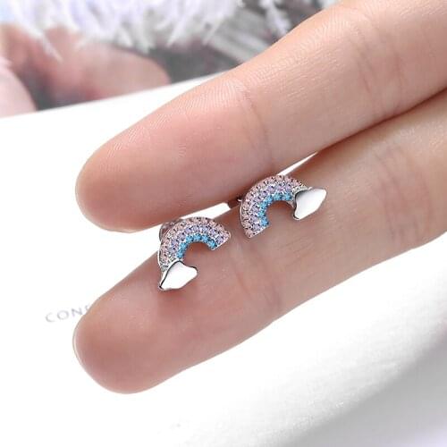 Lovely Creative Multicolor Rainbow Stud Earrings For Women Tiny Micro Crystal Paved Minimal Arcuated Earring Piercing Accessory