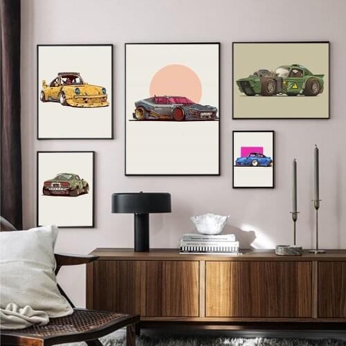 Scandinavian Cartoon Car Canvas Painting Nordic Poster Yellow Tank Car Print Crane Wall Art Picture Home Decoration