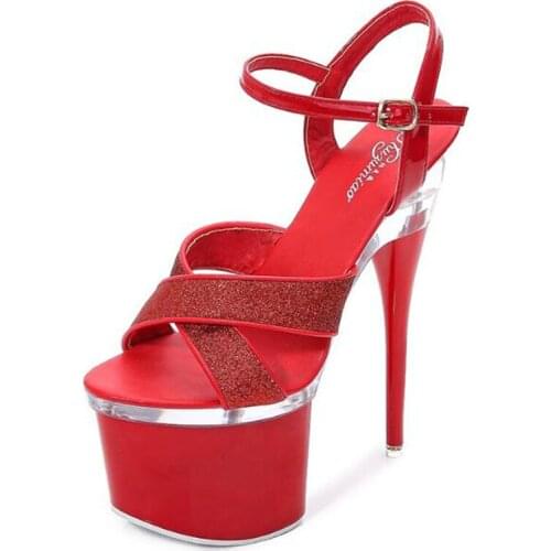 Women Sandals 18CM Thin High Heels Summer Brand Party Sequined Cloth Buckle Strap Open Toed waterproof platform shoes women 2020