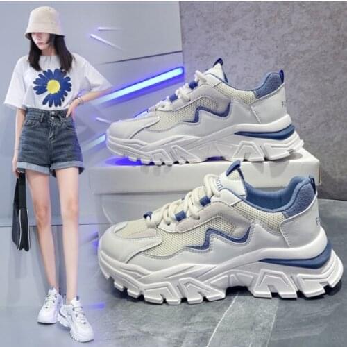 2021 New Fashion Beige Dad Chunky Sneakers Casual Vulcanized Shoes Woman High Platform Sneakers Lace Up Beige Women Sneakers