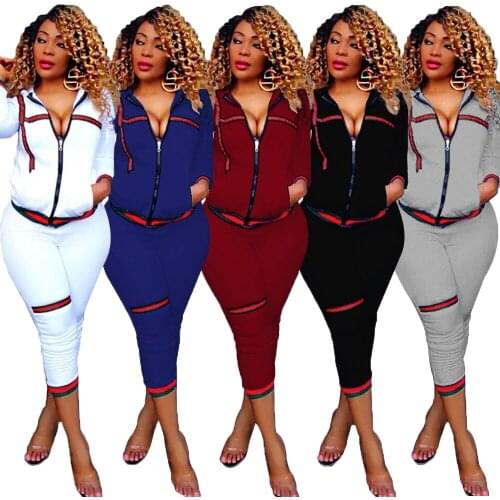 Ladies plus-size European and American fashion personality rib casual joker temperament zipper pocket stand collar two sets