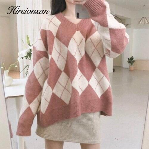 Hirsionsan Womens Sweater Diamond Lattice Soft Thicken V-neck Pullover Pink Clothes Vintage Knitted Oversized Kawaii Women Tops