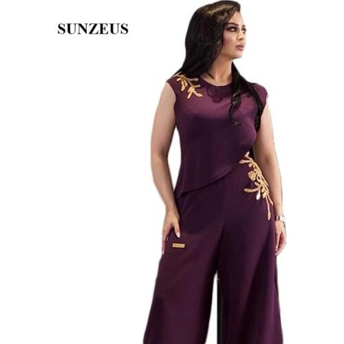 Burgundy Chiffon Mother of the Bride Pants Tank Gold Appliques Elegant Women Formal Dress Saudi Arabic abiye gece elbisesi SMD87