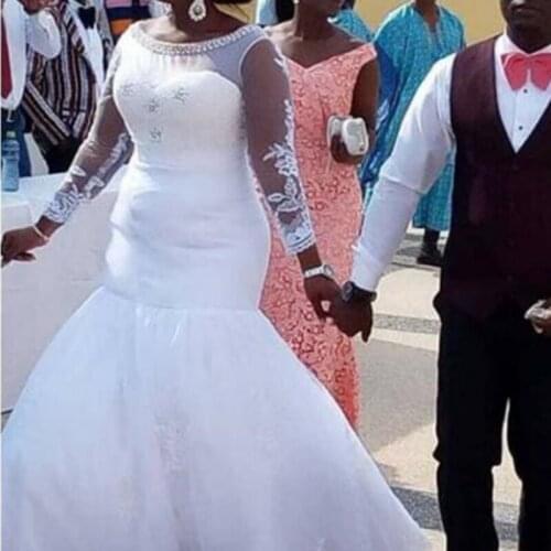 Elegant Simple Sheer Neck Illusion Long Sleeves Floor Length Mermaid Wedding Dress Africa New Heave Pearls Beading