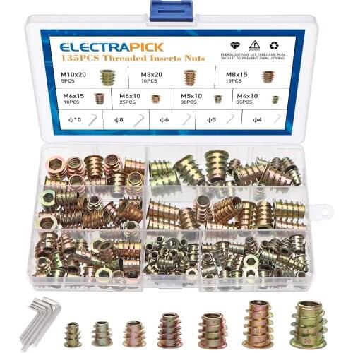 135Pcs M4 M5 M6 M8 M10 Zinc Alloy Thread For Wood Insert Nut Flanged Hex Drive Head Furniture Nuts Assortment Tool Kit