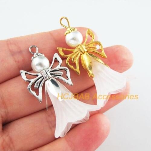 8Pcs Retro Gold Tibetan Silver Tone White Acrylic Angel Charms Pendants 22x42mm