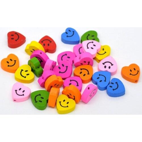 Free Shipping Random 50pcs Mixed Multicolor Smiling Heart Wood Beads 18x16mm