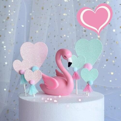 Glitter Flamingo Heart Tassel Pompom Cake Topper Card Inserted Dessert Cupcake Birthday Unicorn Party Wedding Decorations