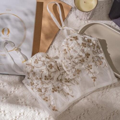 Sexy Leaves Embroidery Bra with Removable Straps Thin Padded Wide Broadside Push Up Underwear Women Lingerie White Black