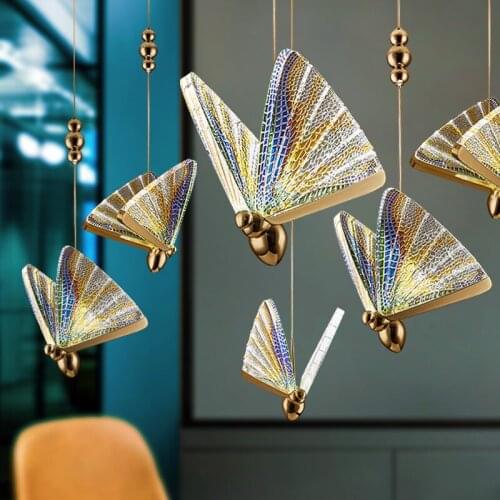 FKL Modern Butterfly Chandelier Color Acrylic Lampshade Bedroom Bedside Lamp Bar Counter Duplex Staircase Chandelier