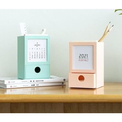 Calendar 2021 Creative Desk Calendar Pen Holder Desktop Stationery Storage Business Office Desk Decoration
