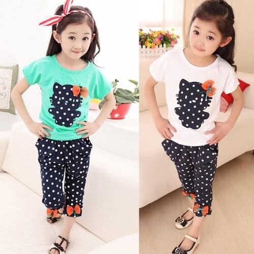 Girl clothes cartoon print short-sleeved T-shirt sweatshirt + half-length pants two-piece bow accessories child quality clothing