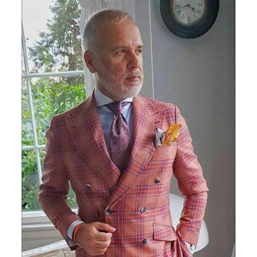 Male Costume Double Breasted Wedding Dress Plaid Suits For Man Jackets+Pants 2 Pieces High Quality Men Slim Fit Casual Suits