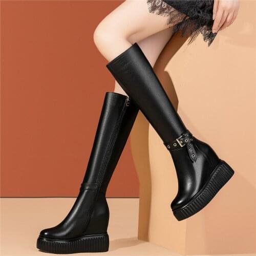Wedges High Heel Fashion Sneakers Womens Genuine Leather Knee High Boots Female Winter Round Toe Platform Creepers Casual Shoes