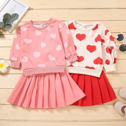 Fashion Girls Casual Autumn Winter Clothes Set Heart Printed Round Collar Ruffle Sleeve Pullover Tops and MIni Pleated Skirt