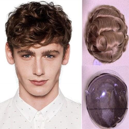 Human Hair Toupee 150% Hair Denstiy Full PU Wig for Men Toupee 8X10 Preplucked Brown Curly PU Top Wigs For Man Hairpieces Human