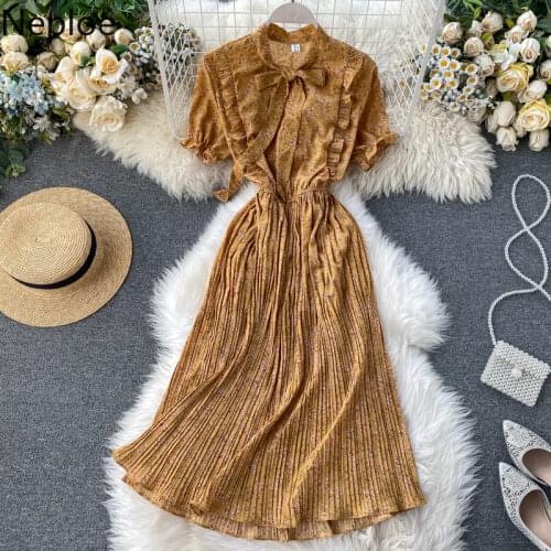 Neploe Flower Print Chiffon Dress Women Fashion Stand Collar Puff Sleeve Vestidos Elegant Lace Up Slim Waist Pleated Dresses