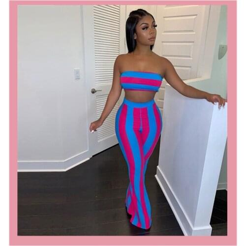 Sexy Summer Striped Strapless Crop Top Pants Tracksuit Womens 2 Piece Sets 2020 Fashion Matching Club Outfits Female Clothing