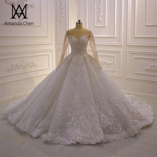 Robe de soiree Lace Appliques Full Sleeve Keyhole Back Wedding Dress