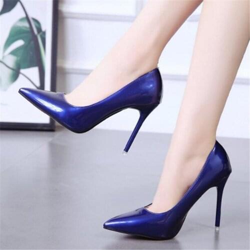 Plus Size 34-44 Hot Women Shoes Pointed Toe Pumps Patent Leather Dress High Heels Boat Wedding Zapatos Mujer Blue Wine Red