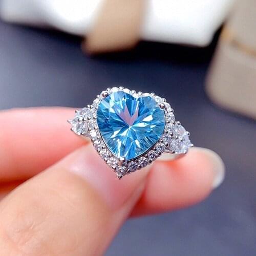 Celebrity Love Heart Blue Crystal Aquamarine Topaz Gemstones Diamonds Rings for Women Girl White Gold Silver Color Jewelry Gifts