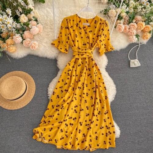French dress female 2020 new sweet cherry printed V-neck straps waist slimming retro knee-length dress women xxx