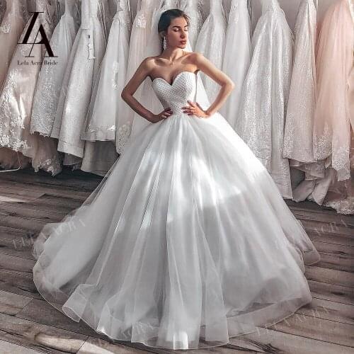 Charming Beaded Wedding Dress Vintage Strapless Lace Up A-Line Bridal Gown Court Train Princess LelaAcra LI08 Vestido De Novia