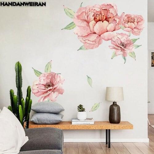 1PCS 3D Peony Rose Flowers Wall Stickers Pink Vintage Wallpaper For Bedroom Living Room Decals Mural Home Decor kid Girls Gift