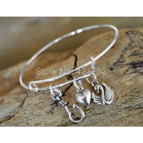 20pcs Captain Swan Bangle Bracelet with Hook Charm Heart Charm and Swan Charm Once Upon a Time charm bracelets
